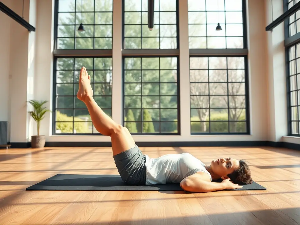 An image of a person performing Pilates exercises on a mat in a calm studio environment with natural light, showcasing core strength and controlled movements.