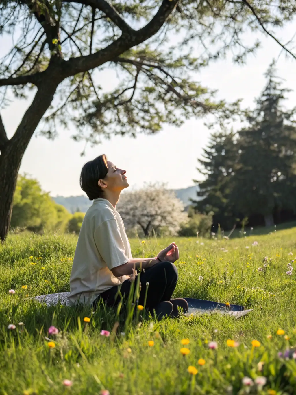 A peaceful scene of a person sitting cross-legged in a tranquil natural setting, eyes closed, in meditation, radiating calmness and mindfulness.
