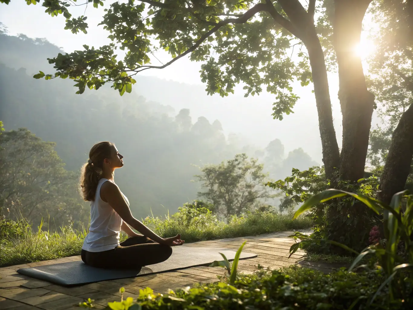 A serene image of a person practicing Hatha Yoga outdoors amidst nature, with soft sunlight filtering through trees, embodying peace and flexibility.