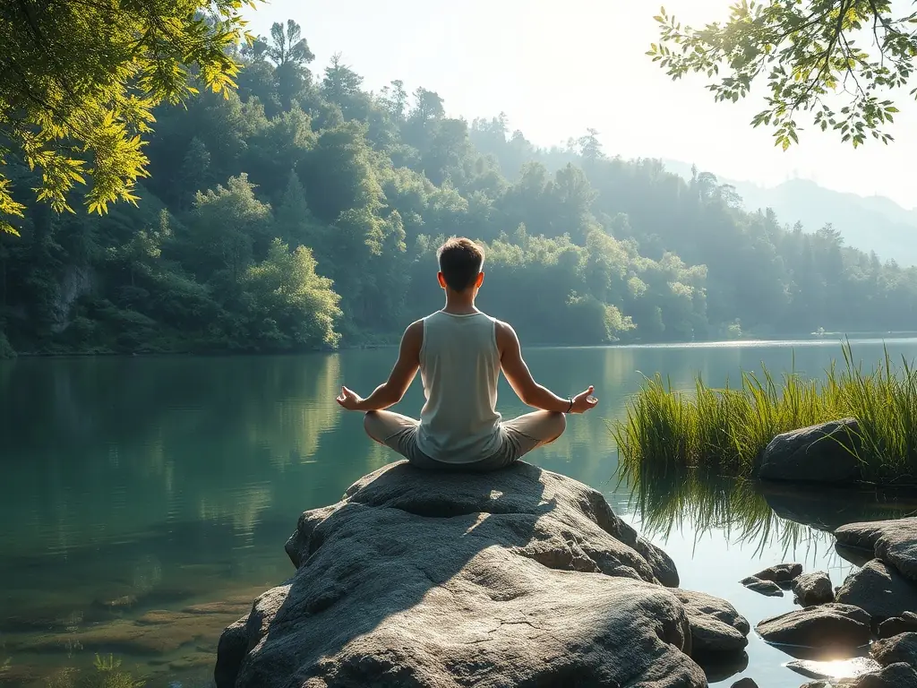 A peaceful scene of a person sitting cross-legged in a tranquil natural setting, eyes closed, in meditation, radiating calmness and mindfulness.